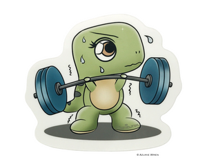 Baby T-Rex lifting weights while sweating and trembling funny cute dinosaur sticker