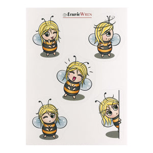 Cheeky Little Bee Cute Sticker Sheet with 5 kiss cut stickers per sheet.