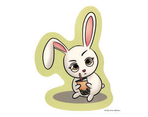 Little Bunny holding onto a boba tea Cute Sticker.