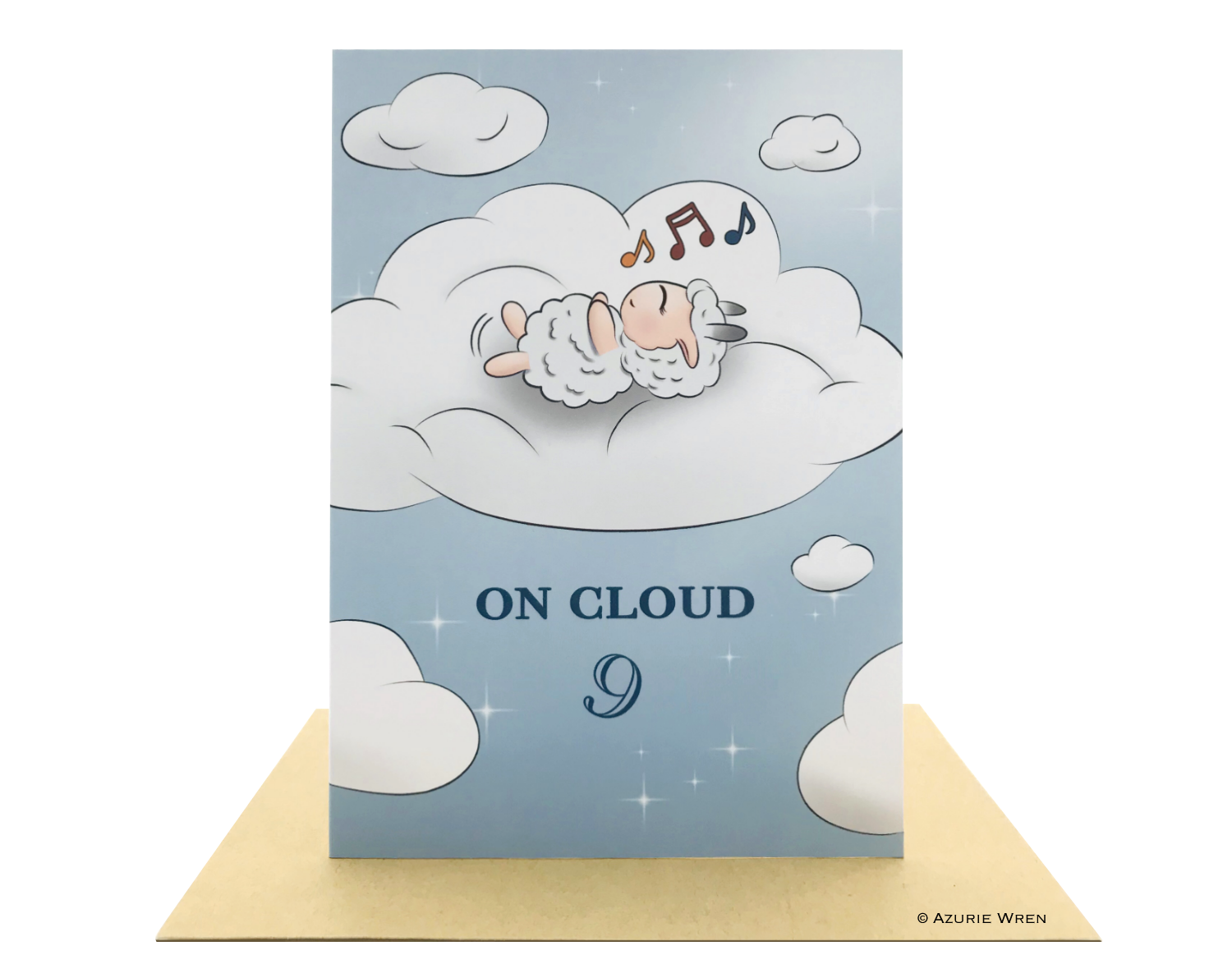 Cute greeting card with Little Sheep relaxing on cloud 9 | Birthday Card
