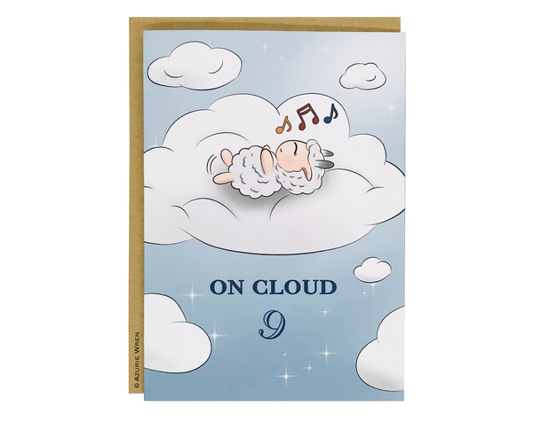 Cute greeting card with Little Sheep relaxing on cloud 9 | Birthday Card