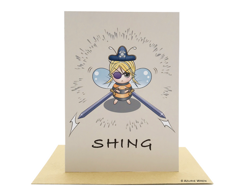 Cute greeting card with a pirate bee wielding swords | Funny card