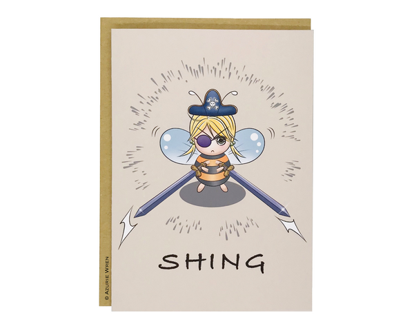 Cute greeting card with a pirate bee wielding swords | Funny card