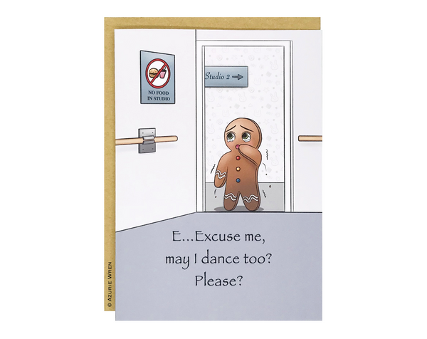 Super cute greeting card with Little Gingerbread Man at a dance studio