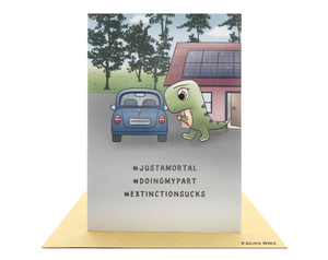 Cute greeting card of Baby T-Rex & electric car | Funny birthday card