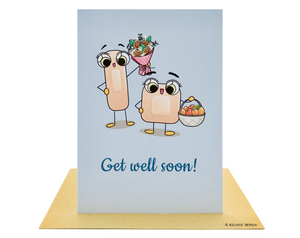 Cute get well soon greeting card with bandages bringing flowers and fruits | Occasion card 