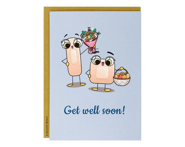 Cute get well soon greeting card with bandages bringing flowers and fruits | Occasion card 