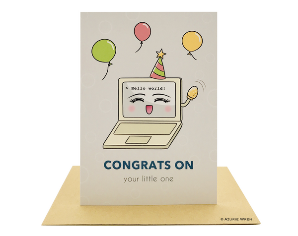 Cute Hello World baby greeting card with Little Laptop in celebration mode | Baby card | Card for coder