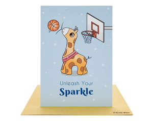 Cute greeting card with Baby Giraffe as a basketball defender | Funny card | Motivational card | Unleash your sparkle