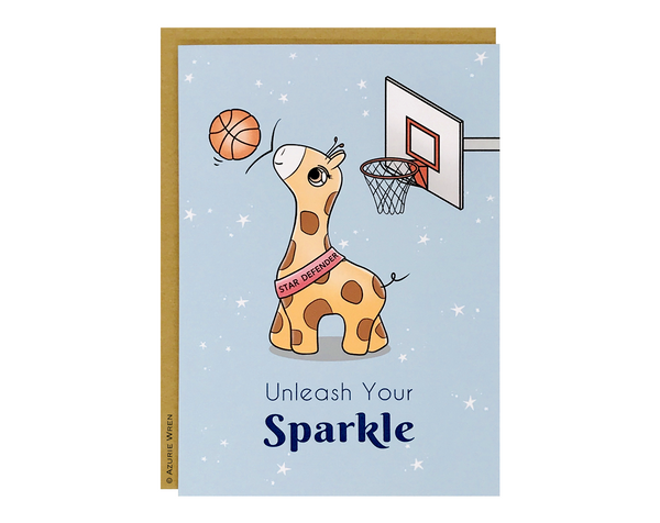 Cute greeting card with Baby Giraffe as a basketball defender | Funny card | Motivational card | Unleash your sparkle