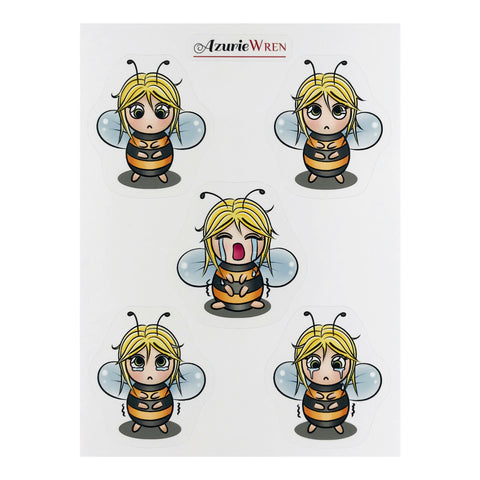 Sad Little Bee Cute Sticker Sheet with 5 kiss cut stickers per sheet.