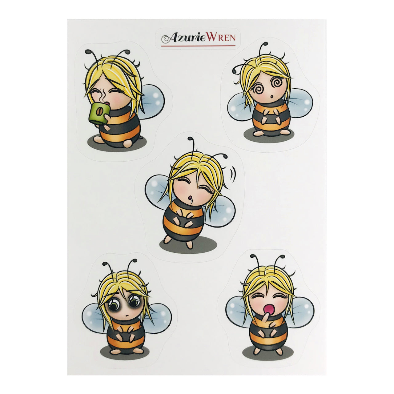 Sleep Deprived Little Bee Cute Sticker Sheet with 5 kiss cut stickers per sheet.