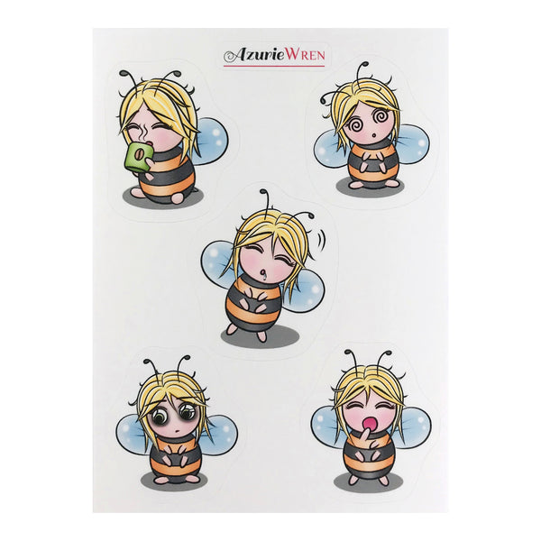 Sleep Deprived Little Bee Cute Sticker Sheet with 5 kiss cut stickers per sheet.