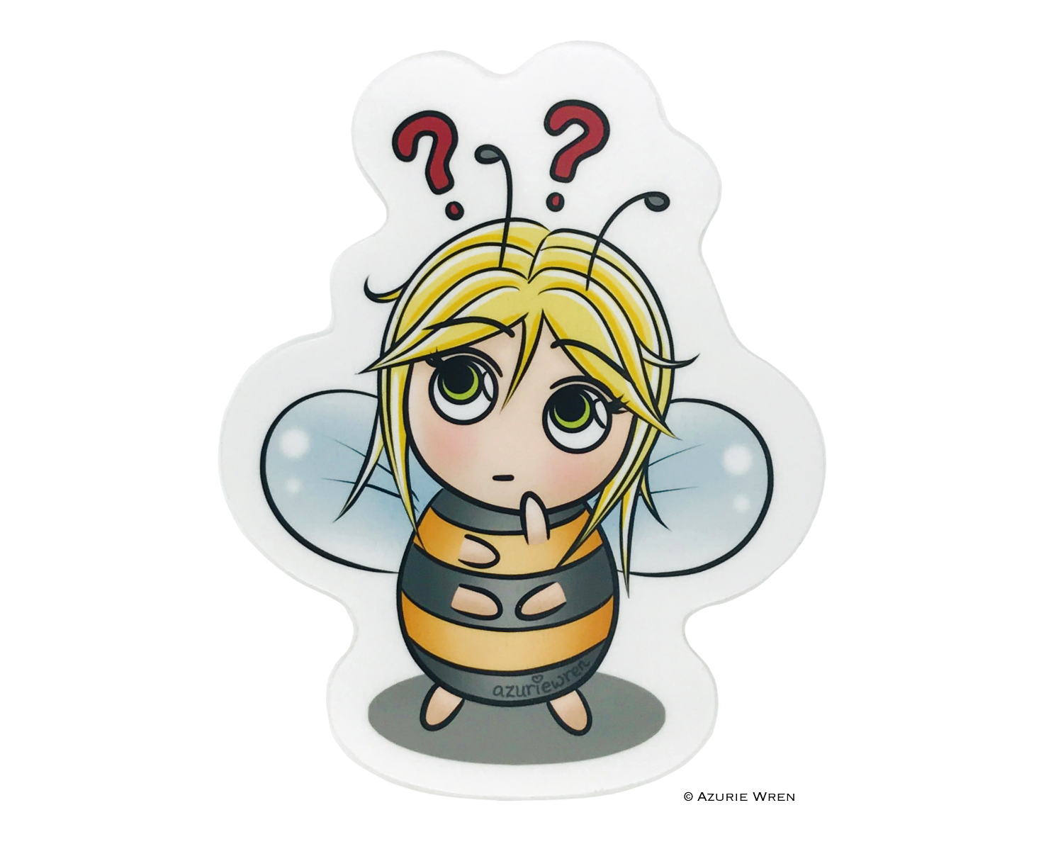 Little Bee thinking hard with question marks above her head cute sticker.